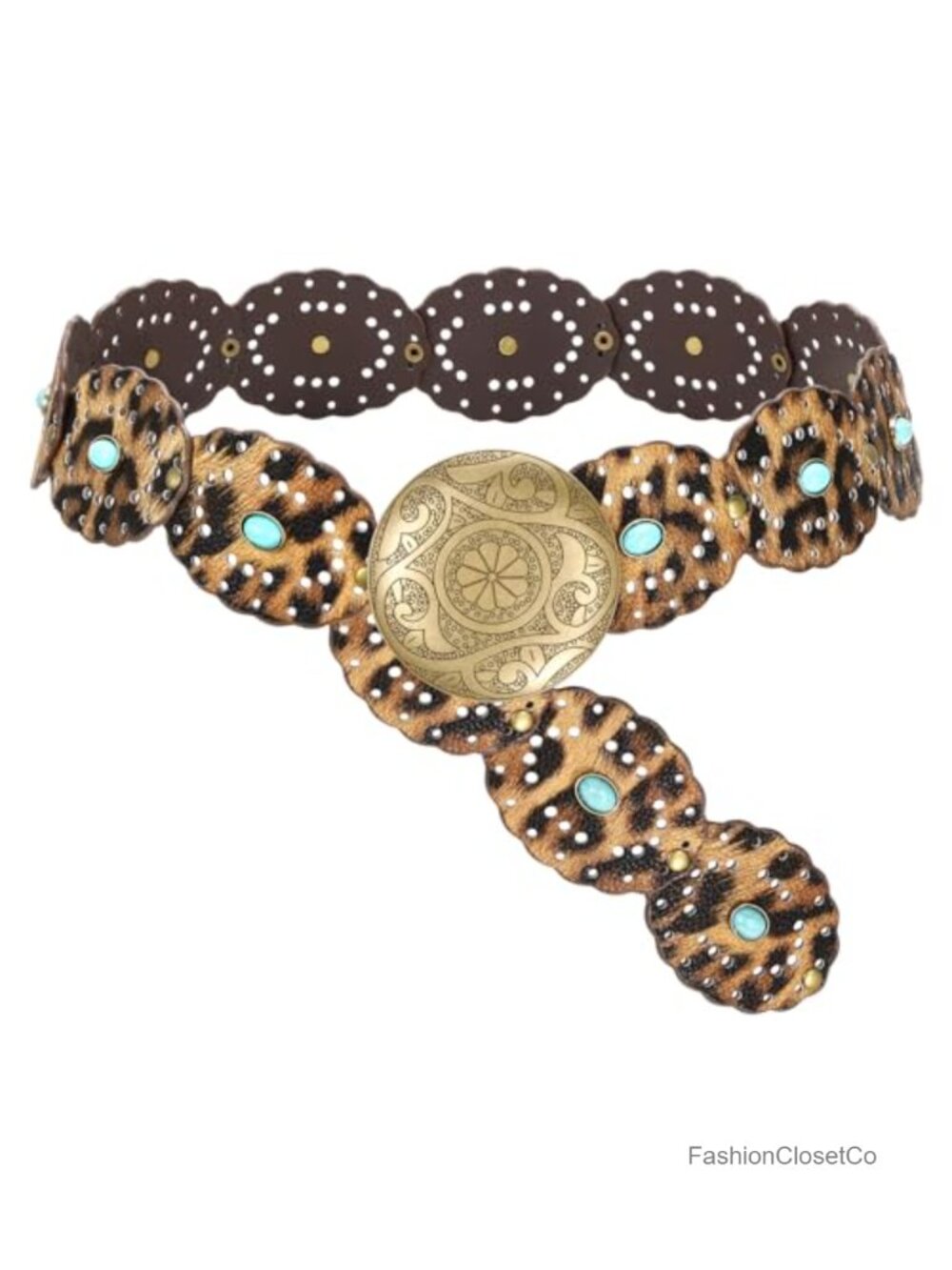 Wide Western Disc Belt PU Leather Turquoise Accent Cowgirl Boho for Jeans Dress